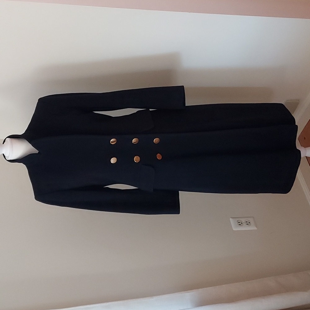 Vintage Womens Navy Wool Trench Coat Red Flannel Lining Size 8 Vintage